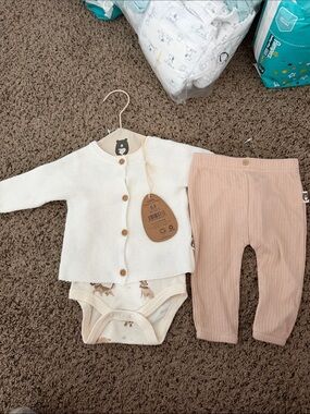 Rabbit + Bear Cream Knit Baby Cardigan with Ribbed Pants and Dog Pattern Onesie